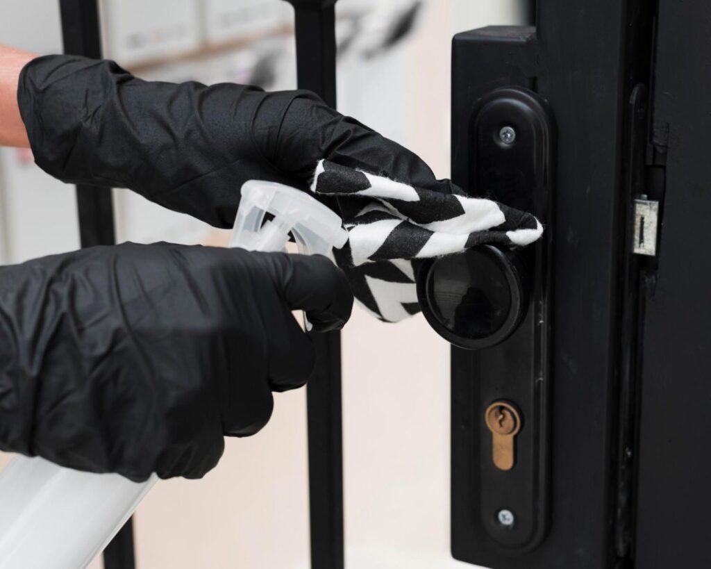 hands with gloves disinfecting gate handle (1)
